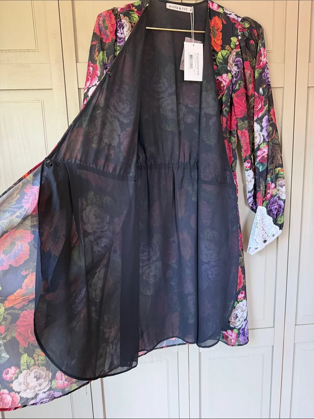 Floral Mini Dress With Blouson Sleeve And Contrast Lace Cuff